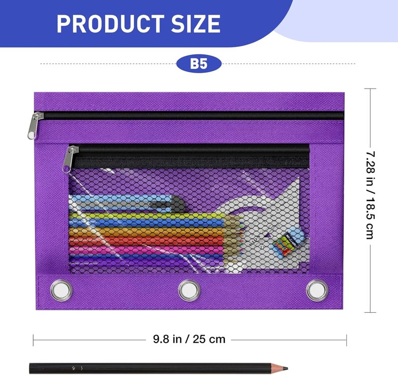 ASBEFORE Pencil Pouch for 3 Ring Binder - 3 Hole Zipper Pen Case Bag Holder Bulk Accessories Clear Window Aesthetic Organizer Pockets (Purple, 1) - Image 2